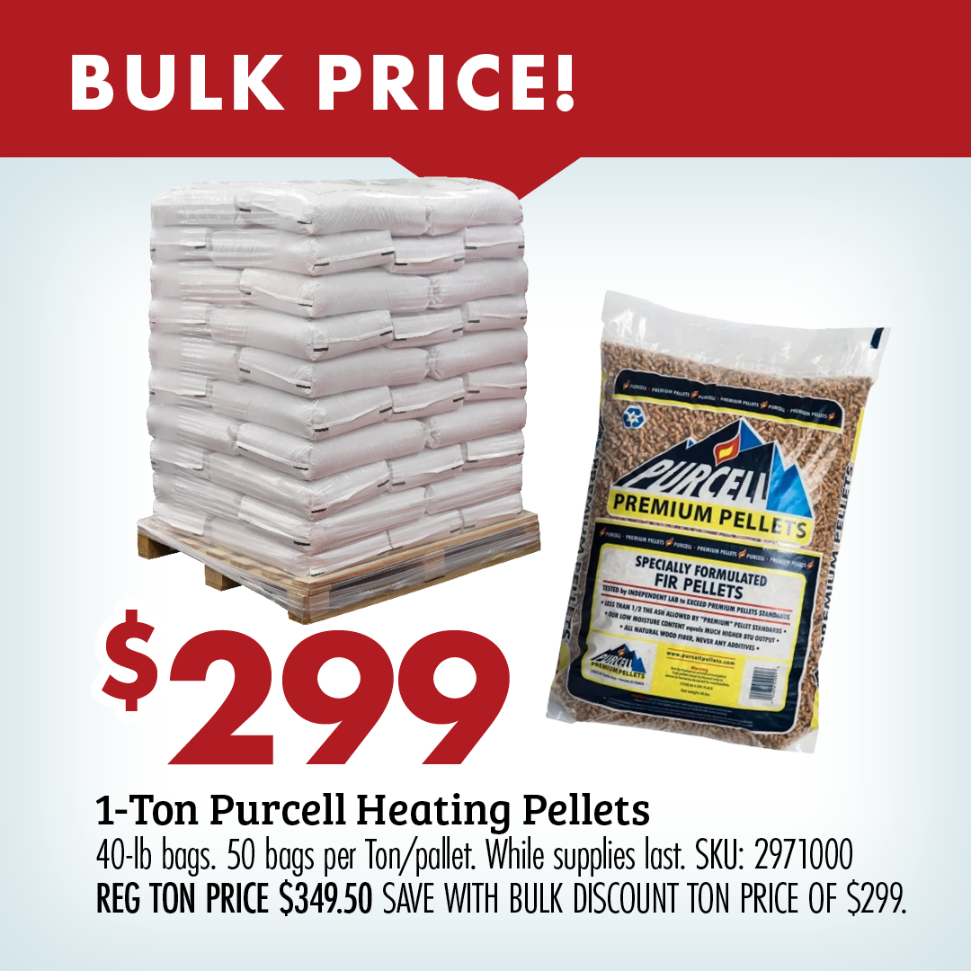 BULK PRICE $299 1-Ton Purcell Heating Pellets 40-lb bags. 50 bags per Ton/pallet. While supplies last. SKU 2971000 REG TON PRICE $349.50 WITH BULK DISCOUNT TON PRICE OF $299