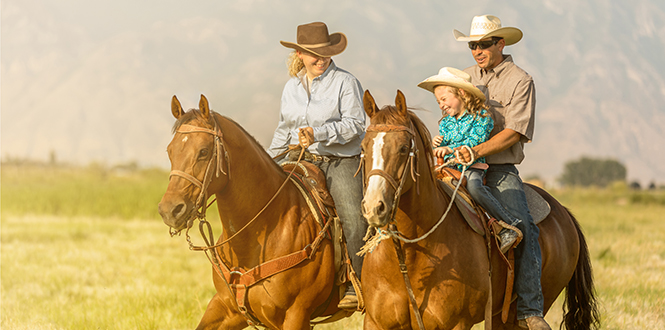 A family of 3 farmers riding 2 horses. 